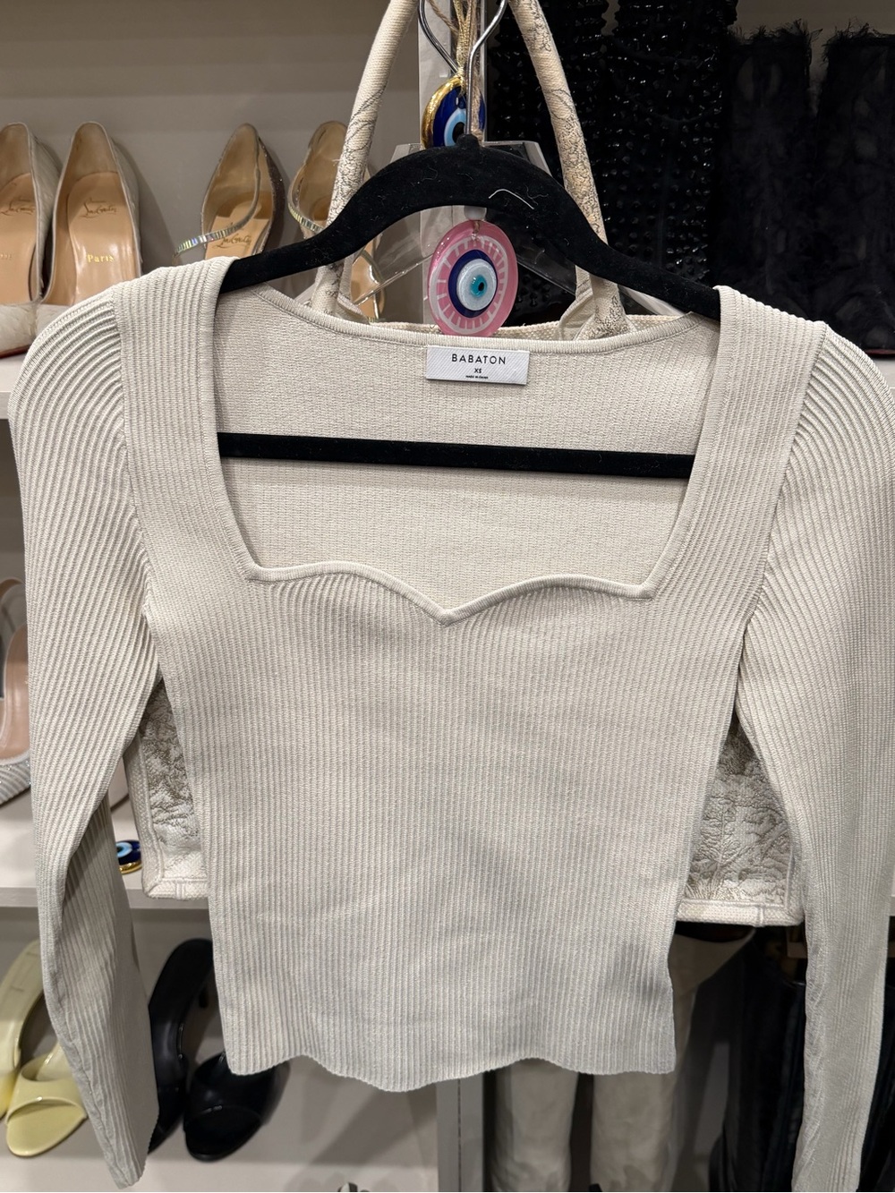 Babaton Ivory Ribbed Square-Neck Long Sleeve Top